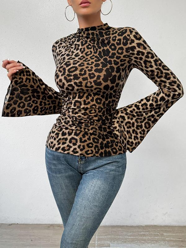 Women's Leopard Print Flounce Sleeve Mock Neck Tee, Casual Long Sleeve T-Shirt for Summer, Ladies Clothes for Daily Wear