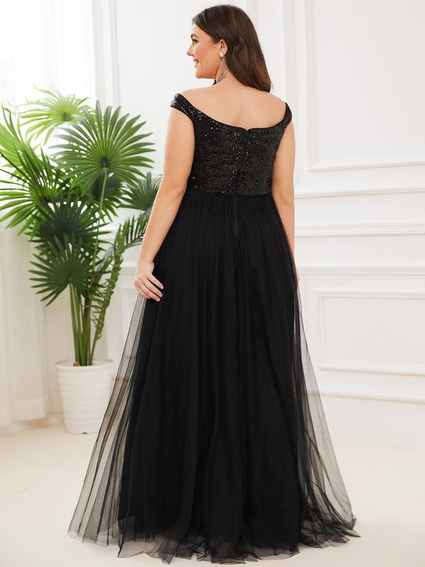 Ever-Pretty Shiny Sequin Bodice Off the Shoulder Maxi Tulle Evening Dress