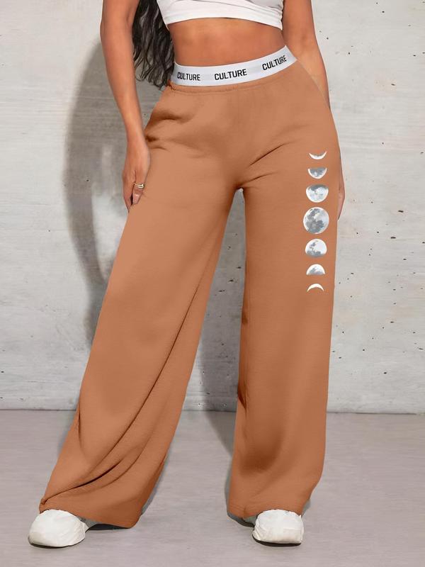 Women's Moon & Letter Print Pocket Wide Leg Sweatpants, Casual Elastic Waist Trousers for Daily Wear, Ladies Bottoms for All Seasons