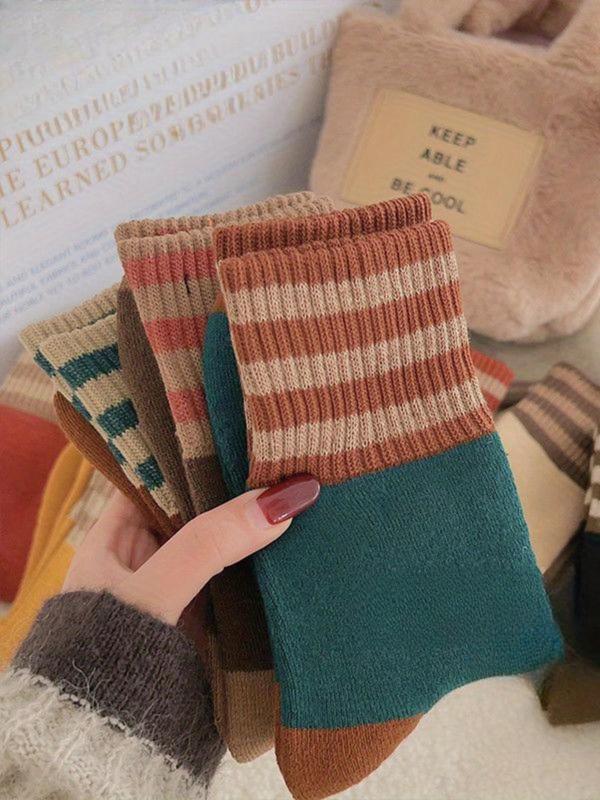 Women's Colorblock Striped Thermal Lined Socks, Casual Soft Comfy Breathable Socks for Fall & Winter, Women's Socks for Daily Wear