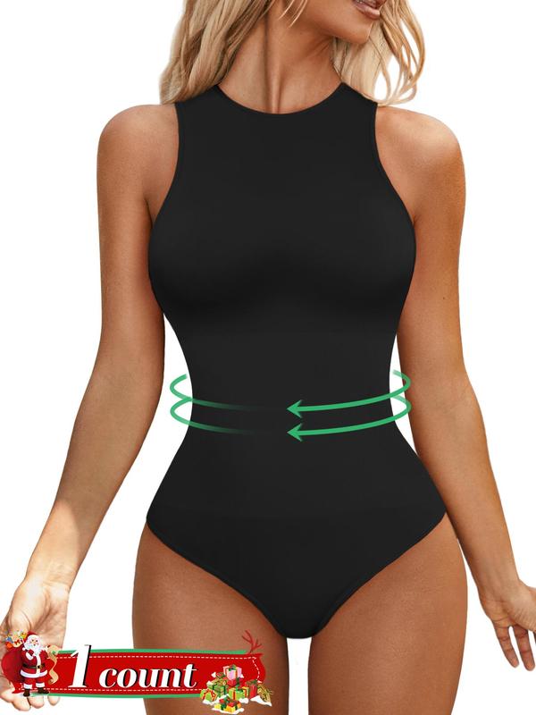 Women's Tummy Control Shapewear Bodysuit, Back To School Fall Shaper, Seamless Sleeveless Racerback Tank Thong Bodysuit