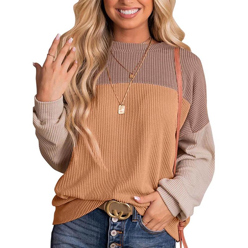 Womens Fashion Color Block Long Sleeve Crewneck Knitted Casual Loose Pullover Tops Spring Womenswear Everyday