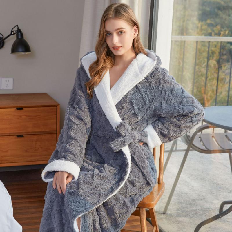 Ultra-Soft Flannel Bathrobe for Women & Men - Extra Long, Thick, and Warm with Hood | Cozy Jacquard Velvet Robe for Couples | Perfect for Autumn & Winter