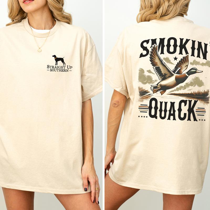 Vintage Smokin' Quack Hunting Duck 2-Sided Graphic Shirt, Mallard Hunting Shirt for Men, Dog Hunt Tee, Comfort Clothing, Cotton Fabric Tshirt, Printed Women's Top, Casual Womenswear