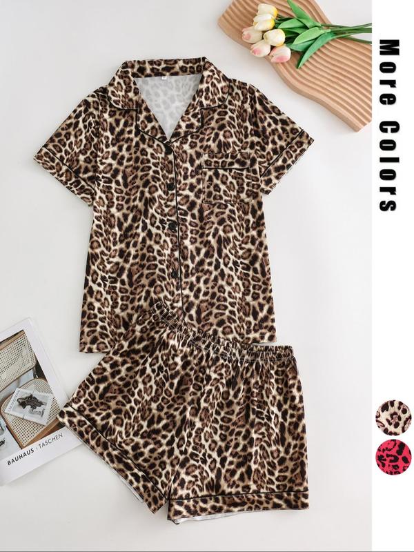 Two-Piece Set Women's Leopard Print Lapel Neck Button Front Pajama, Casual Comfy Short Sleeve Top & Shorts PJ Set, Ladies Sleepwear for All Seasons