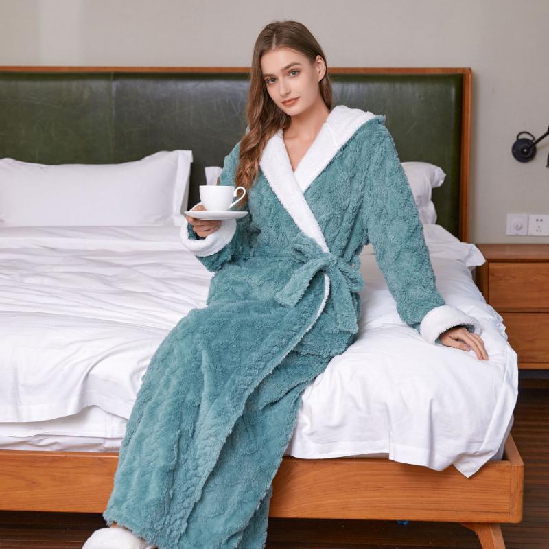 Ultra-Soft Flannel Bathrobe for Women & Men - Extra Long, Thick, and Warm with Hood | Cozy Jacquard Velvet Robe for Couples | Perfect for Autumn & Winter