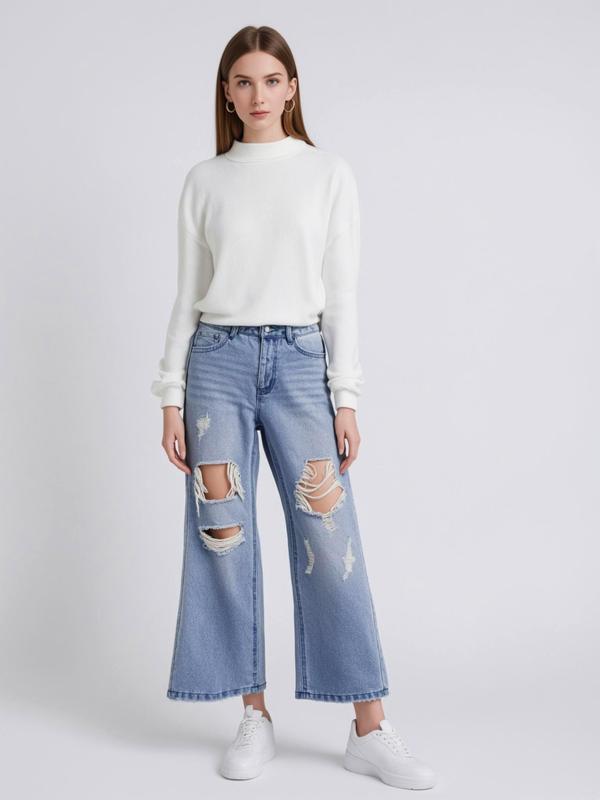 Women's Cut Out Ripped Wide Leg Jeans, Streetwear Basic Clothes Women, Mufti Clothes, High Waist Straight Leg Distressed Denim Pants for Outdoor Wear, Jeans for Women, Y2K Jeans, Fall Outfits 2024