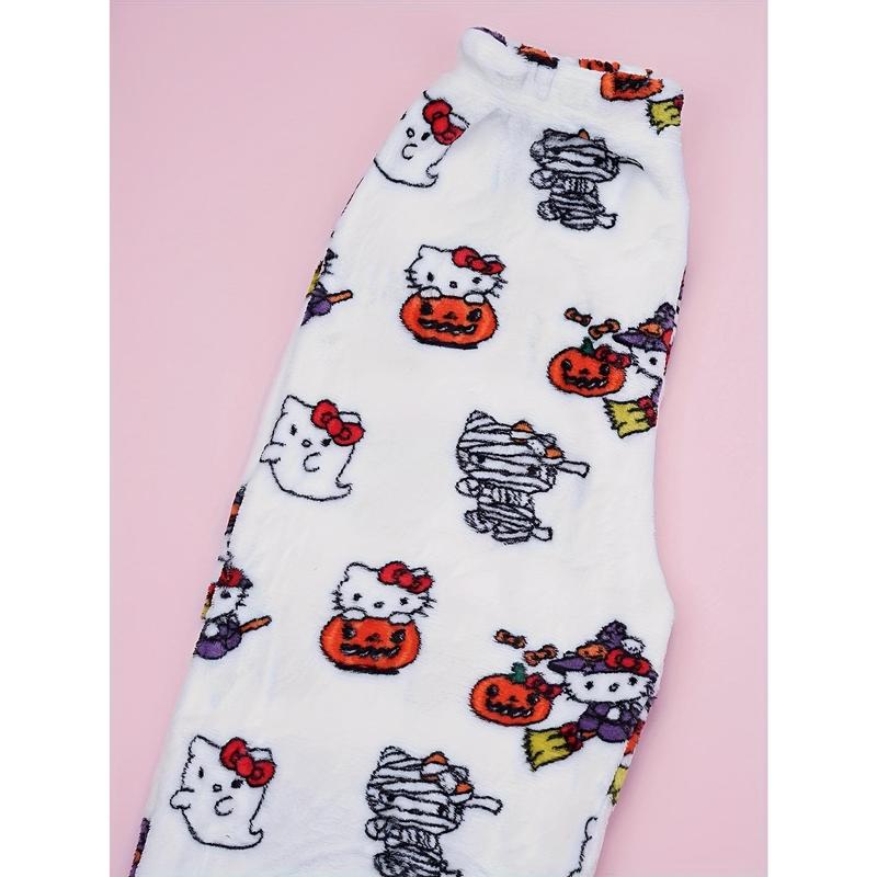 Sanrio Hello Kitty flannel soft pajama pants for Halloween and Christmas, printed fringe casual pants, elegant style, comfortable autumn and winter holiday casual wear