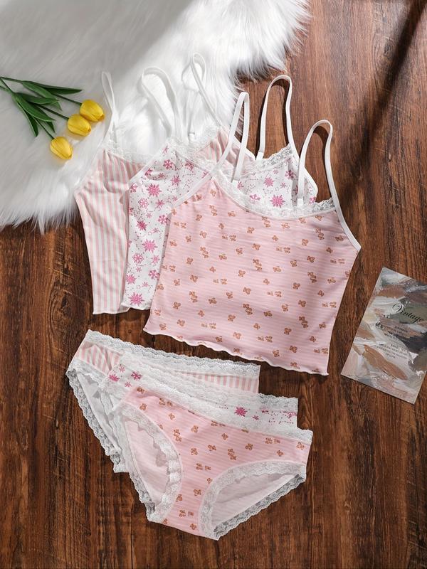 Women's 6 Counts 3 Set Stripe & Snowflake & Cartoon Bear Print Contrast Lace Trim Underwear Set, Casual Adjustable Strap Backless Lettuce Trim Cami Top & Panty Set, Women Underwear Set, Back To School Gifts, Ladies Underwear Set, Vacation Wear