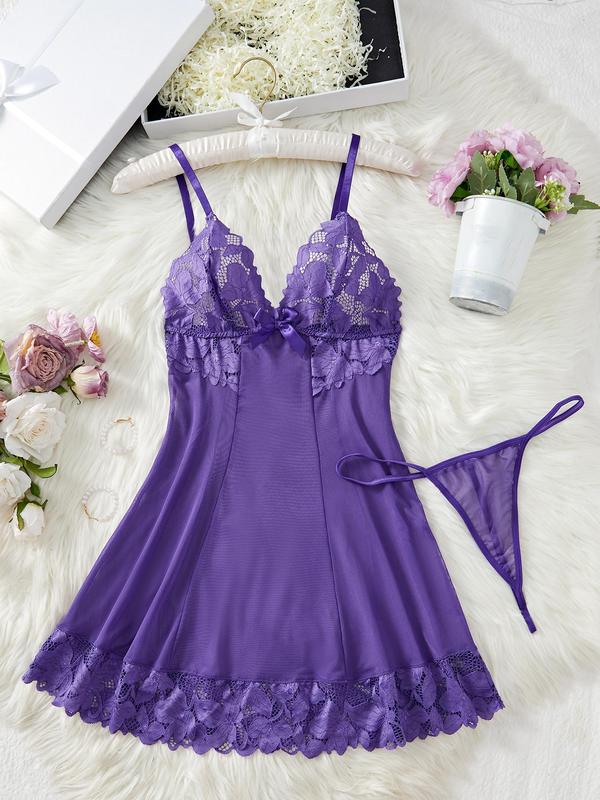 Women's Sheer Contrast Floral Lace Bow Decor Cami Nightdress & Thong Set, Adjustable Spaghetti Strap Backless Nightgown & Panty Set, Ladies Sleepwear for All Seasons