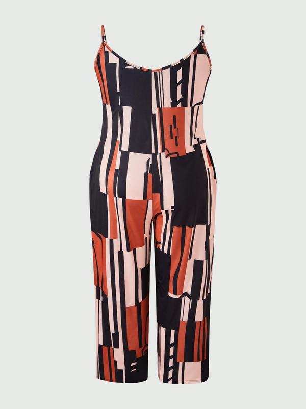  All Over Print Backless Wide Leg Jumpsuit, Casual Scoop Neck Sleeveless Jumpsuit for Beach Holiday,Back-to-School Clothing, Spaghetti Strap Onesies, Summer Clothes Women, Jumpsuit for Women