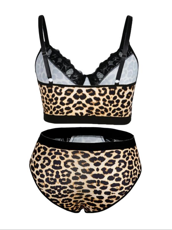 Plus Size Two-piece Set Leopard Print Contrast Lace Push Up Bra & High Rise Sheer Panty Set, Adjustable Spaghetti Strap Lingerie Top & High Waist Knicker, Women's Two-Piece Underwear Set For All Seasons