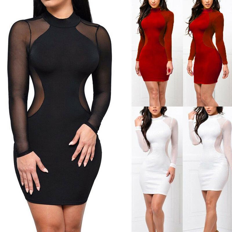 Women Sexy Bodycon Dress, Evening Party Cocktail Dress, Transparent Long Sleeve Clubwear Dress