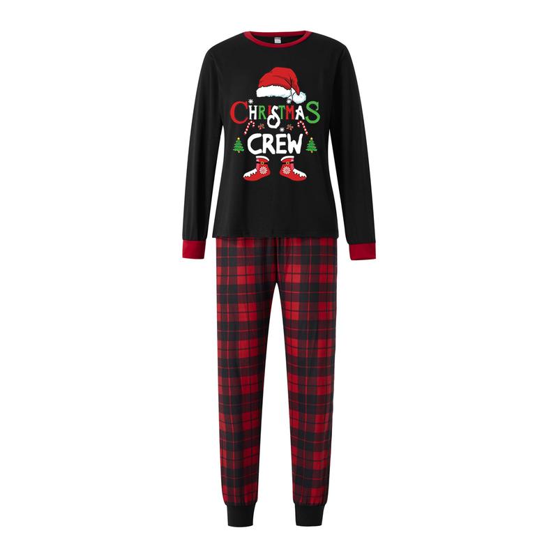 Hot New Christmas Family Pajamas Matching Set, Long Sleeve Letters Print T-shirt with Plaid Pants Sleepwear Loungewear