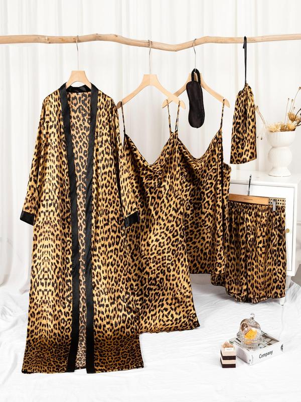 Womenswear Plus Size Floral leopard Print Satin Pyjama Set, Matching Sets, Comfort Long Sleeve Robe & Cami Nightdress & Camisole & Elastic Waist Shorts & Eye Mask & Storage Bag Pj Set, Women's Pajamas Nightwear Set