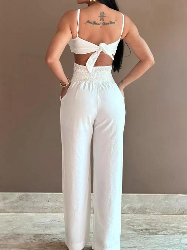 Women's Flower Decor Cut Out Knot Back Cami Jumpsuit, Elegant Sleeveless Pocket Jumpsuit for Party Holiday Vacation, Ladies Summer Clothes