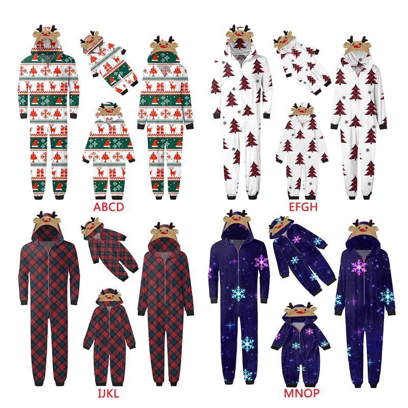 Family Christmas Pajamas, Long Sleeve Elk Christmas Tree Plaid Snowflake Print Hooded Jumpsuit Sleepwear