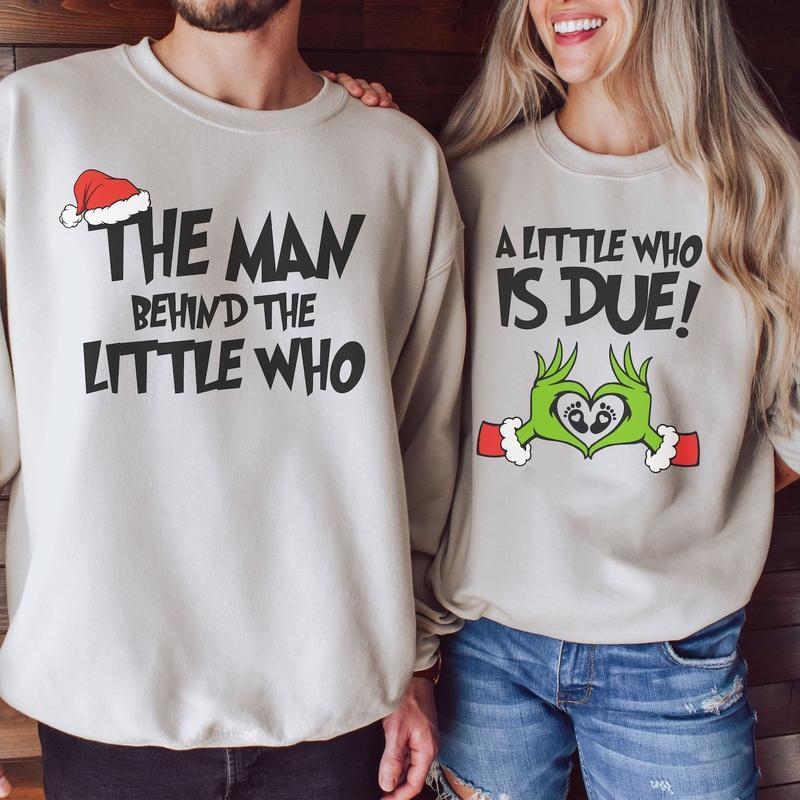 A Little Who Is Due Matching Couple Sweatshirt, Christmas Pregnancy Crewneck, Couple Matching Xmas Shirt, Gender Reveal Outfit