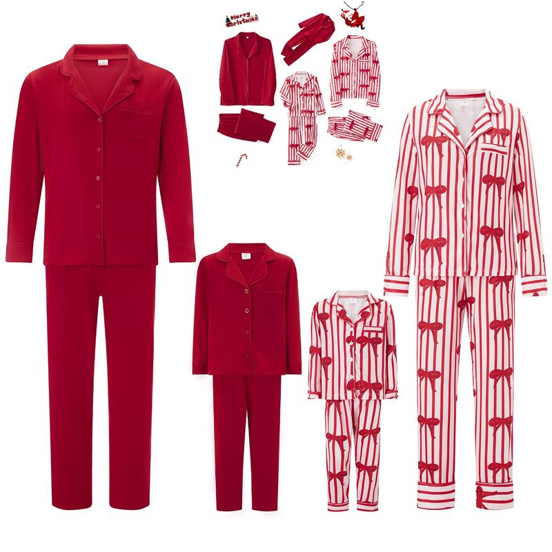 Christmas Family Pajamas Matching Set Lapel Neck Button-up Long Sleeve Tops Long Pants 2-Piece Bow Solid Color Loungewear Outfit