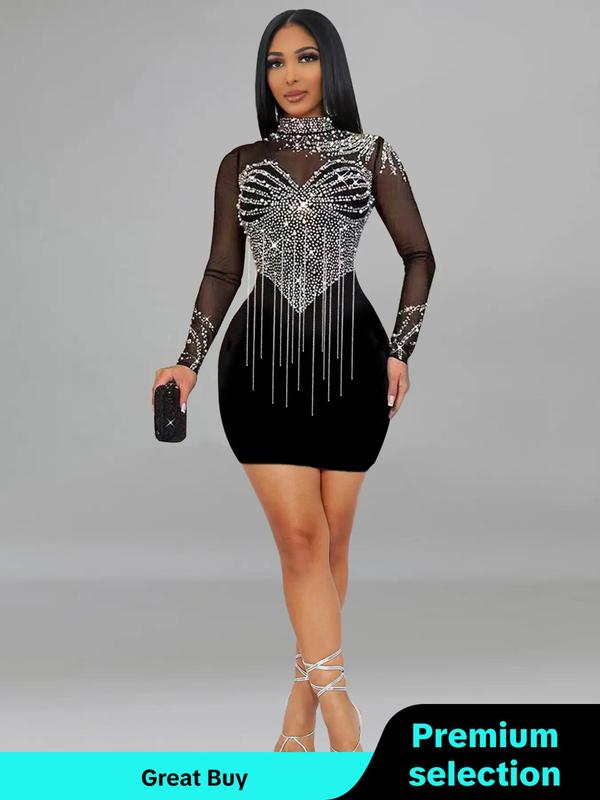 Women's Rhinestone Decor Sheer Bodycon Dress, Elegant Long Sleeve High Neck Short Dress for Party Club Dating Wear, Ladies Clothes for All Seasons