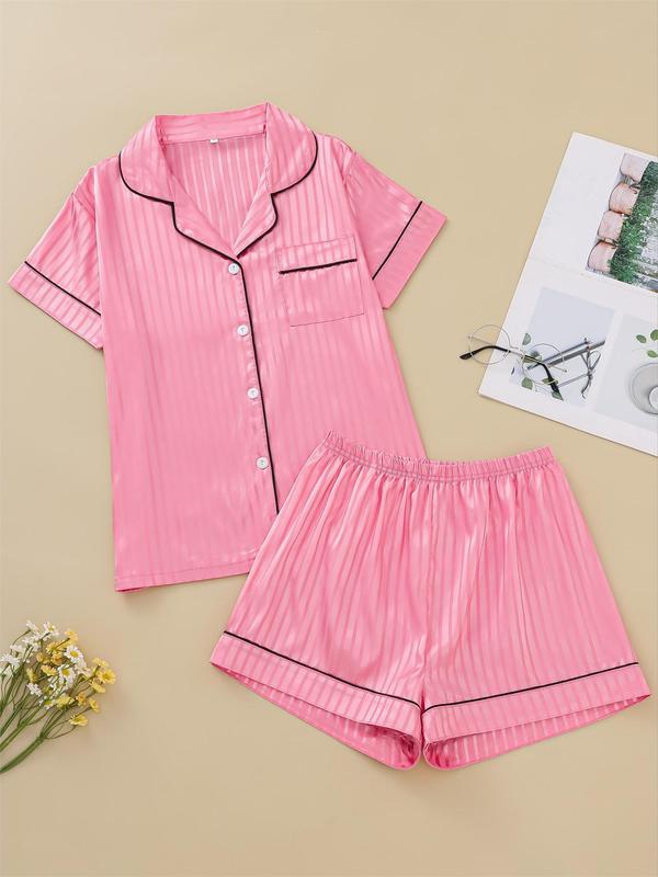 2 Piece Set Women's Striped Jacquard Contrast Binding Satin Pyjama Set, Casual Lapel Shirt & Elastic Waist Shorts PJ Set, Ladies Summer Clothes, Pajama Sets Women, Women's Sleepwear & Homewear, PJ Sets for Women