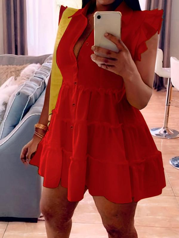 Women's Layered Sleeve Frill Trim Shirt Dress, Summer Dresses, Boho Button Front Collared Smock Dress for Summer, Back To School Clothes, Women's Clothing for Daily Wear, Birthday Dress for Women