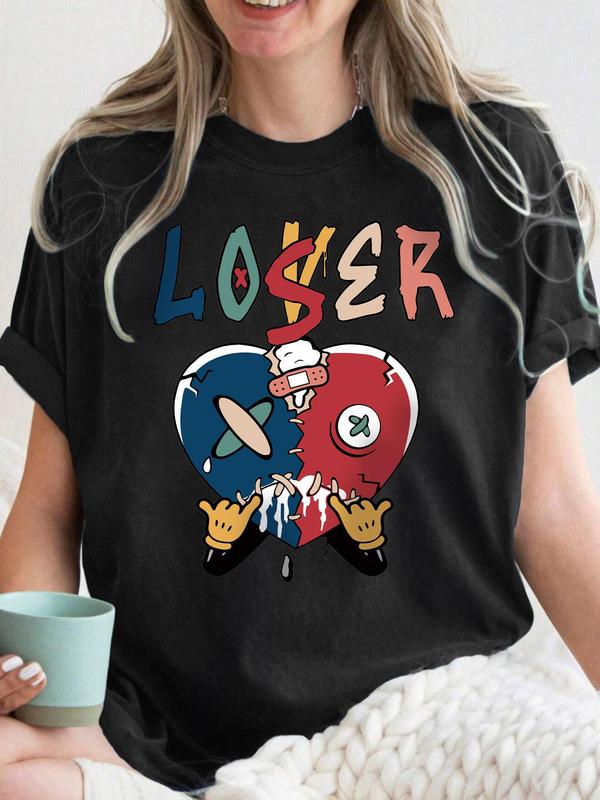 Women's Cartoon Heart Print Round Neck Short Sleeve Tee, Casual Letter Print Crew Neck T-shirt, Graphic Tees, Summer Outfits 2024, Summer Clothes, Summer Tops