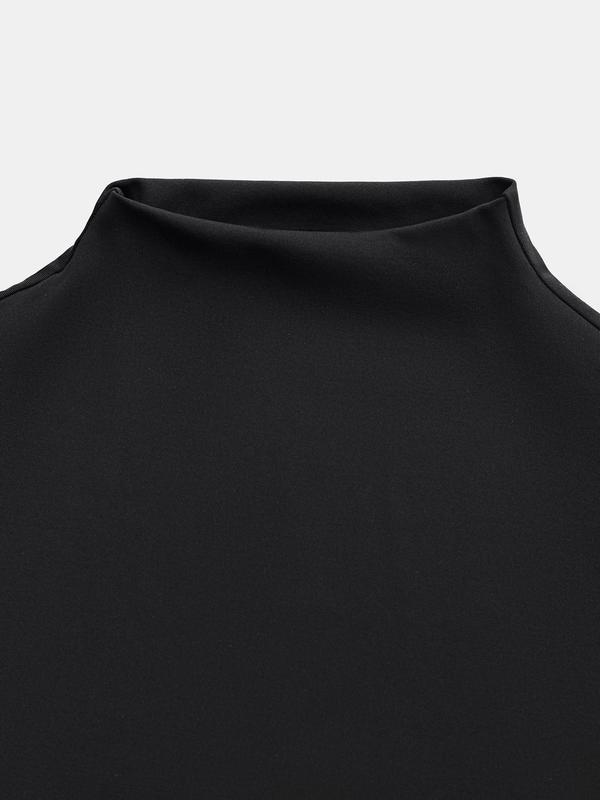 YOZY Plain Ruched Asymmetrical Hem Mock Neck Tee  Casual Long Sleeve T-shirt, 2024 Women's Fall & Winter Outfits for Daily Wear