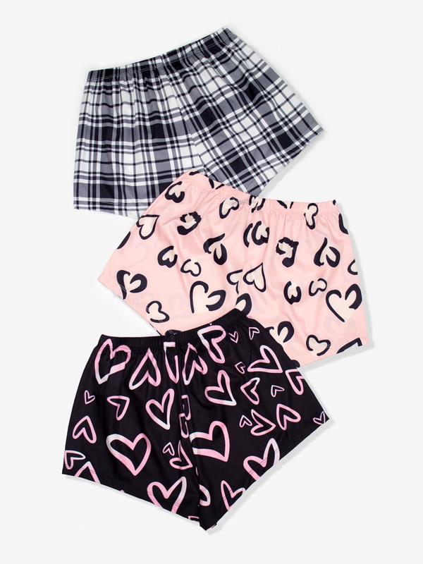 Women's 3pcs Lepord Plaid Heart Print Elastic Waist Wide Leg Sleep Shorts, Summer Clothes Women, Comfy Breathable Pyjama Shorts for Summer, Soft Pj for Lady, Comfortable Ladies Lounge Bottoms for Indoor Home Sleepwear