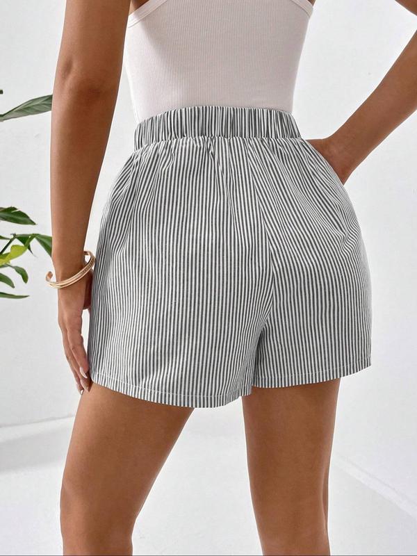 Women's Striped Print Pocket Elastic Waist Shorts, Casual Comfy Wide Leg Shorts for Summer, Shorts for Women, Fashion Women's Bottoms for Daily Wear, Back To School Outfit