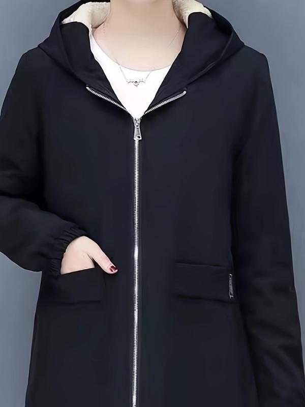 Women's Solid Patched Pocket Zipper Hooded Coat, Casual Long Sleeve Thermal Lined Outerwear for Winter, Jackets for Women, Ladies Clothes for Daily Wear