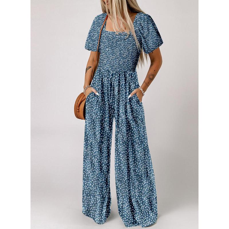 Dokotoo Square Neckline Stretch Waistband Printed Jumpsuit - Womenswear Casual Chic Comfortable