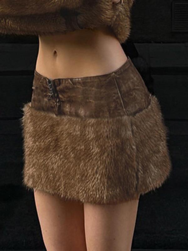 Women's Contrast Faux Fur Zipper Mini Skirt, Fashionable PU Leather Skirt for Party Club Dating, Ladies Bottoms for All Seasons