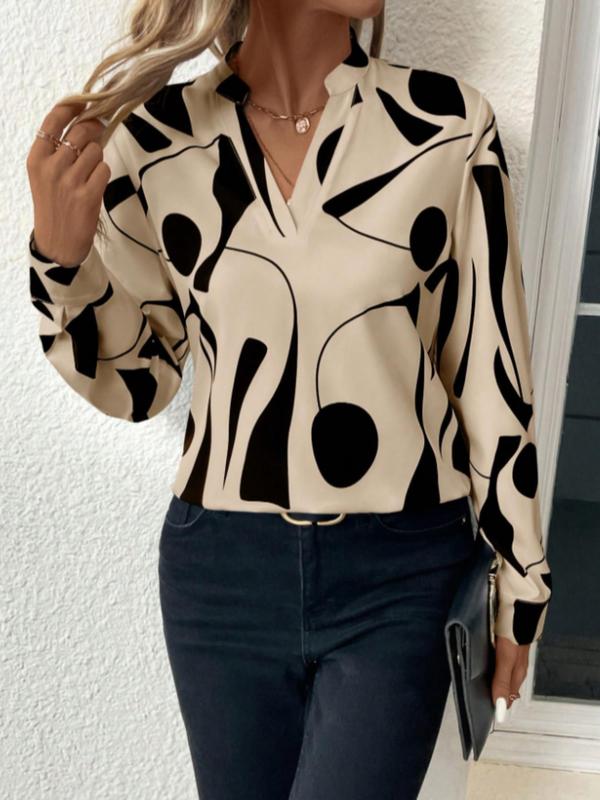 Women's All Over Geometric Print Notched Neck Blouse, Elegant Long Sleeve Top for Spring & Fall, Ladies Clothes for Work Office Business