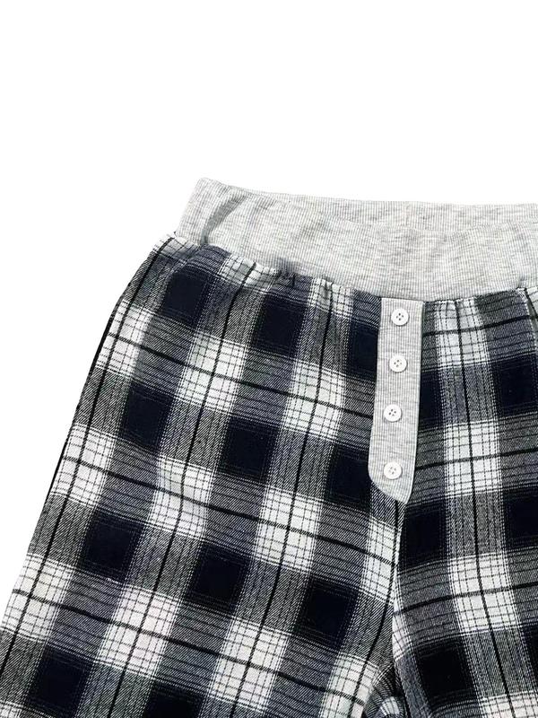 Women's Plaid Print Button Pants, Casual Comfy Trousers for Spring & Fall, Women's Bottoms for Daily Wear