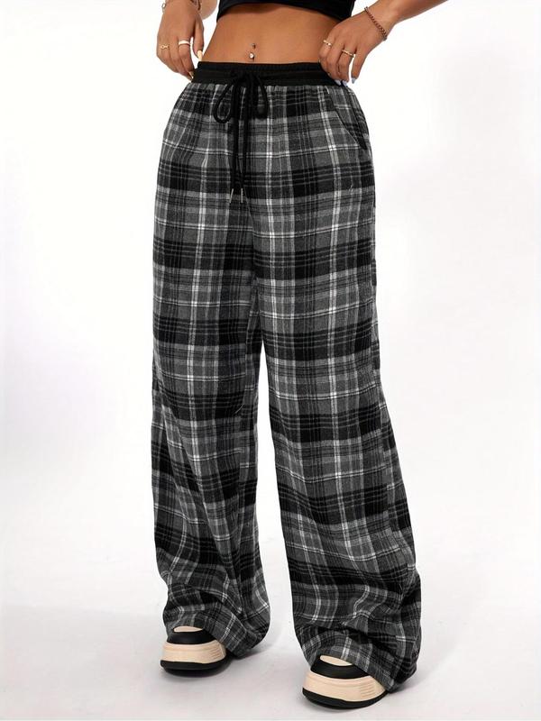 Women's Plaid Print Drawstring Waist Wide Leg Pants, Casual Comfy Pocket Trousers for Daily Wear, Ladies Bottoms for All Seasons