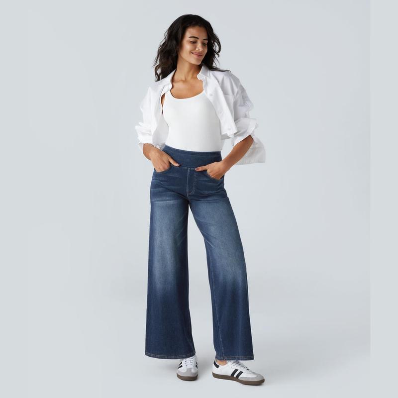 Halara Halara Flex™ High Waisted Multiple Pockets Wide Leg Washed Stretchy Knit Casual Jeans