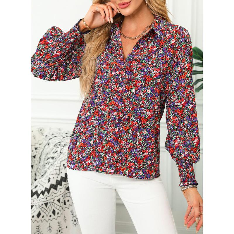 Dokotoo Women's Casual V Neck Allover Floral Print Long Sleeve Chiffon Button Down Blouses Bohemian Top Shirts