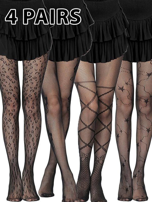 Women's Leopard & Floral & Star Print Sheer Fishnet Tights, Comfy Breathable Thigh High Stockings for Daily Wear, Ladies Socks for All Seasons