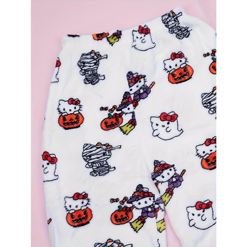 Sanrio Hello Kitty flannel soft pajama pants for Halloween and Christmas, printed fringe casual pants, elegant style, comfortable autumn and winter holiday casual wear