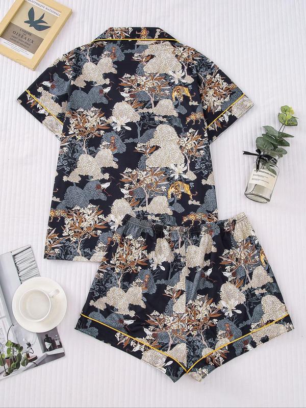 Women's All Over Print Contrast Binding Lapel Shirt & Elastic Waist Shorts Pyjama, Casual Comfy Short Sleeve Pocket Top & Shorts PJ Set, Ladies Sleepwear for All Seasons