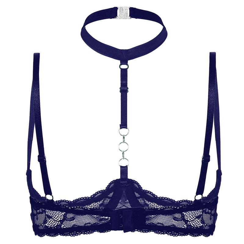 Womens Lingerie Adjustable Spaghetti Straps Push Up Sheer Lace Bra Tops Open Breast Exposed Bra Halter Neck O Ring Brassiere sexy lingerie