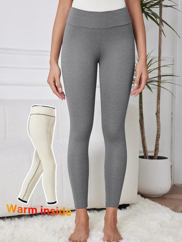 Women's Solid High Waist Thermal Lined Leggings, Casual Comfy Warm Skinny Pants for Fall & Winter, Ladies Bottoms for Daily Wear