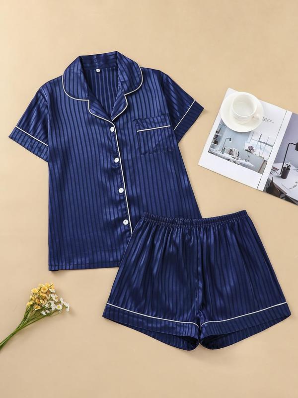 2 Piece Set Women's Striped Jacquard Contrast Binding Satin Pyjama Set, Casual Lapel Shirt & Elastic Waist Shorts PJ Set, Ladies Summer Clothes, Pajama Sets Women, Women's Sleepwear & Homewear, PJ Sets for Women