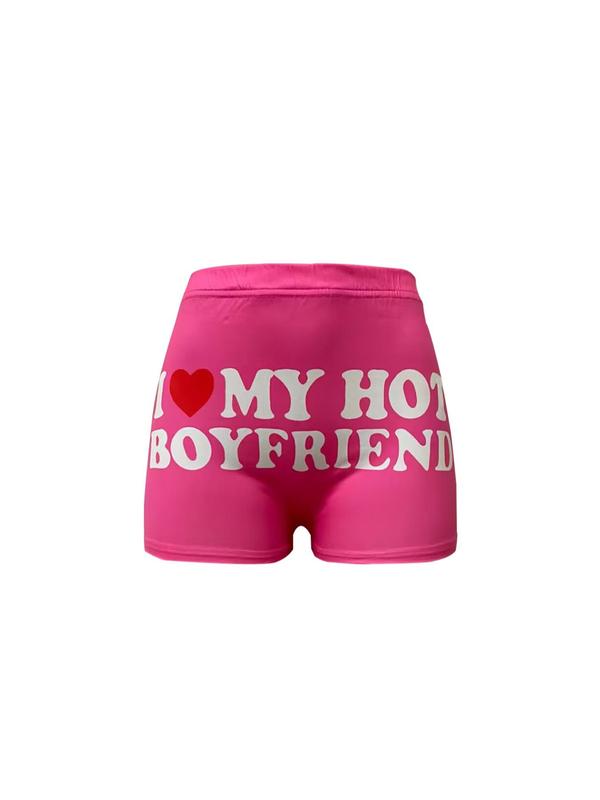 Women's Letter Print I Love My Boyfriend Shorts, Casual Comfy Breathable Elastic Waist Shorts for Daily Wear, Ladies Bottoms for Summer