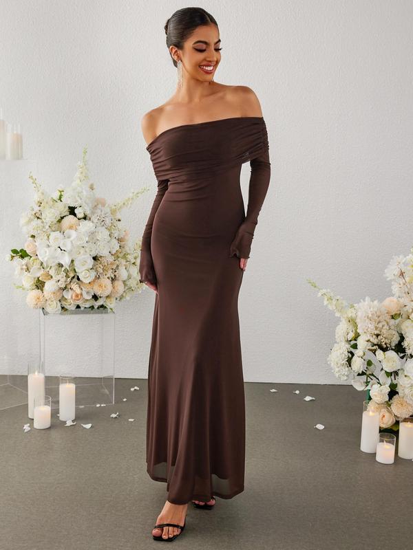 Women's Off The Shoulder Ruched Tulle Bodycon Dress, Elegant Formal Wear, Long Sleeve Backless Evening Party Gown, Ladies Spring & Fall Clothes, Fall Outfits, Fallfreshness