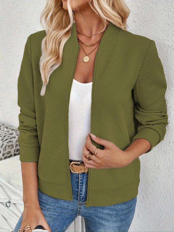 Women's Solid Textured Zip Up Jacket, Casual Long Sleeve Mock Neck Outerwear for Spring & Fall, Ladies Tops Clothes for Daily Wear