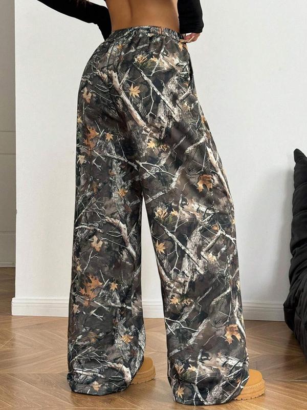 Women's Leaf Print Trousers, Casual Comfy Sweatpants for Daily Wear, Ladies Bottoms for Fall & Winter