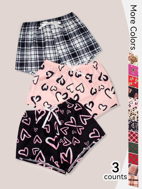 Women's 3pcs Lepord Plaid Heart Print Elastic Waist Wide Leg Sleep Shorts, Summer Clothes Women, Comfy Breathable Pyjama Shorts for Summer, Soft Pj for Lady, Comfortable Ladies Lounge Bottoms for Indoor Home Sleepwear