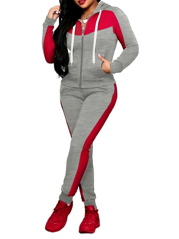 Two-Piece Set Women's Colorblock Zip Up Hoodie & Pocket Pants, Outfit Sets for Women, Casual Long Sleeve Drawstring Hooded Jacket & Trousers for Spring & Fall, Women's Clothes for Daily Wear